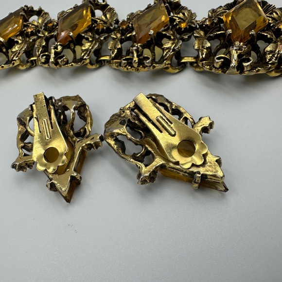 Chunky Metal Bracelet  yellow diamond cut stones with matching clip on earrings - Picture 3 of 9